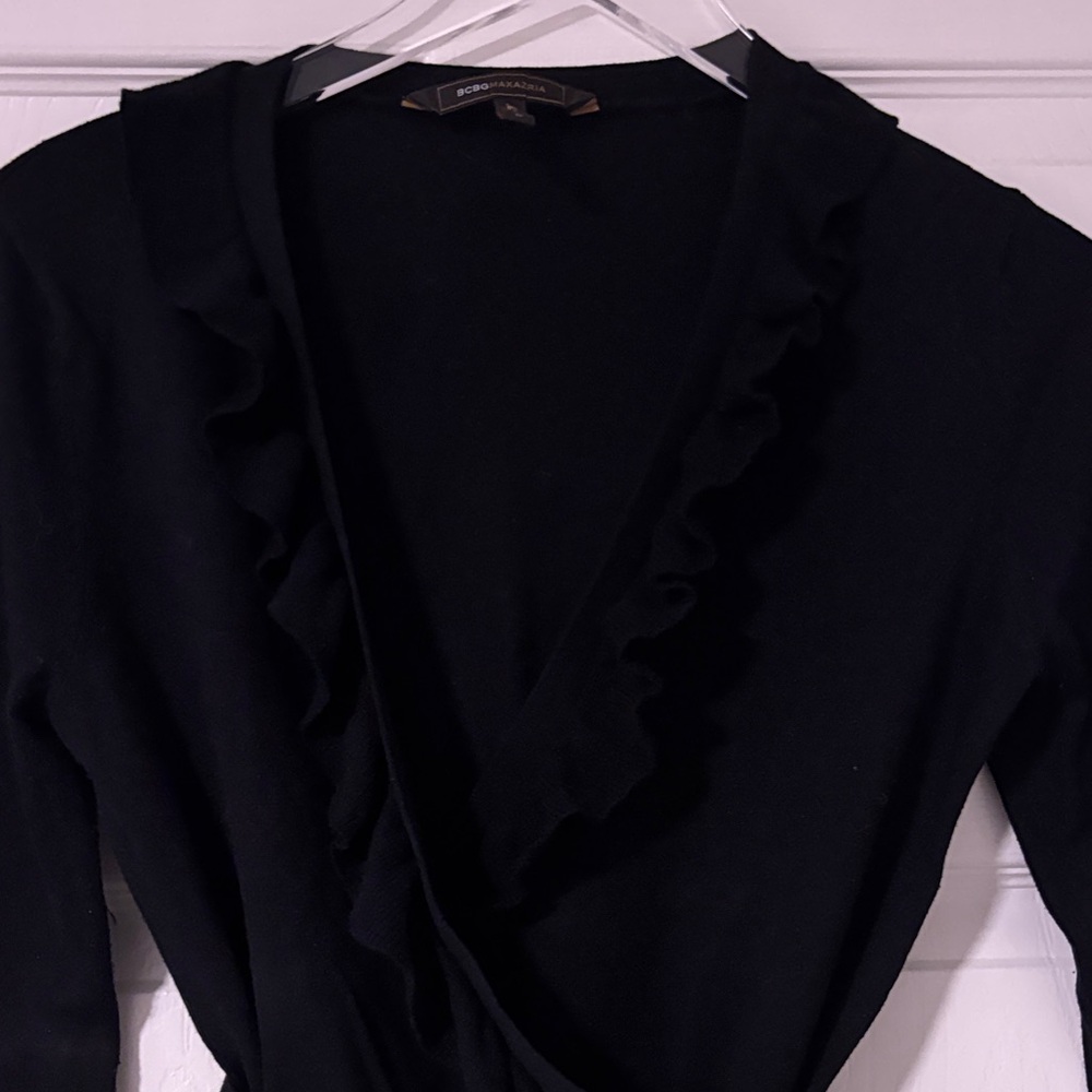 BCBG..Sz Medium…Black Ruffled Collar Wrap Sweater..Gently Worn